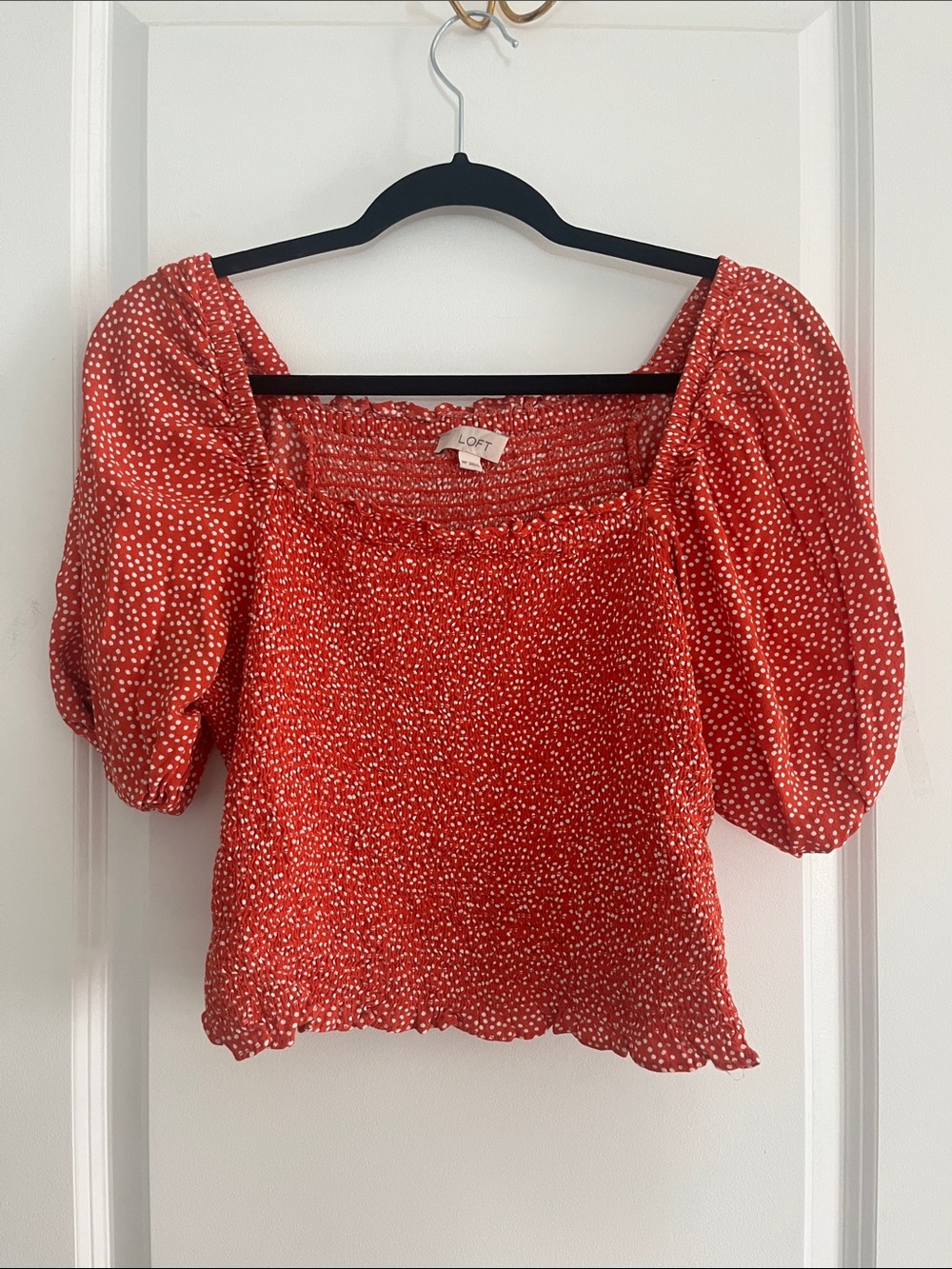 LOFT Red Puff-Sleeve Square Neck Blouse with White Dot Print
